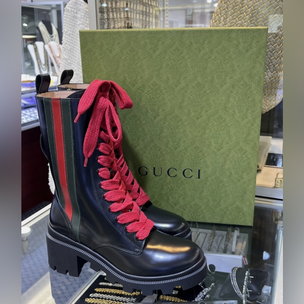 New GUCCI Black Leather Sylvie Web Stripe Lace Up Combat Boots Size 36.5 - Picture 6 of 13